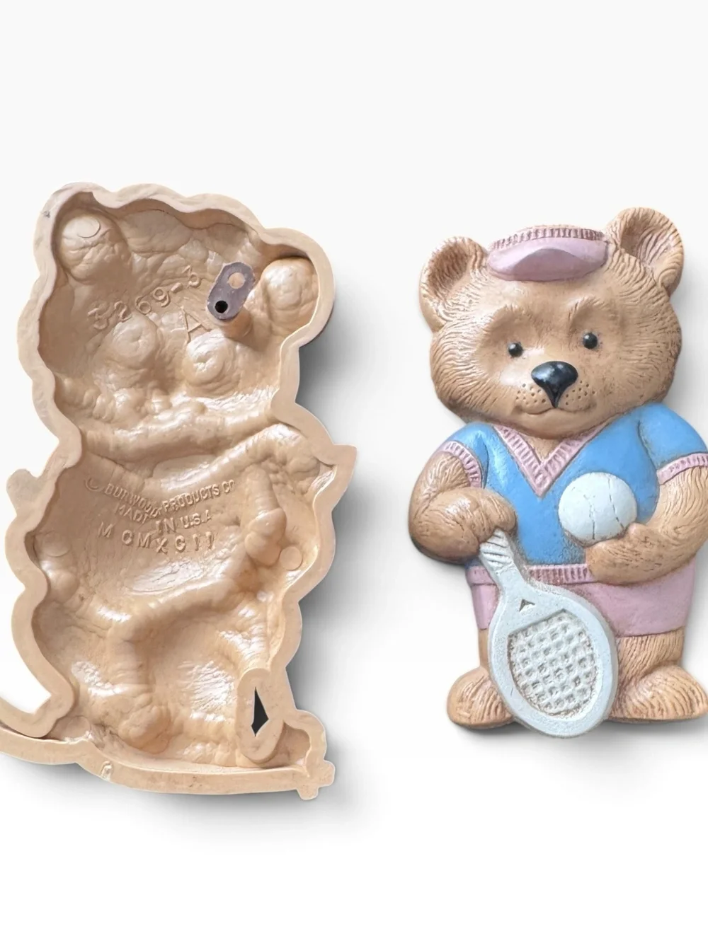 Vintage Burwood Teddy Bear Sports Wall Plaques Set of 2 Ski Tennis 1980s Pastel